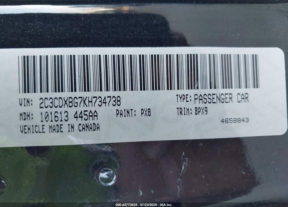 2019 DODGE CHARGER VIN: 2C3CDXBG7KH734738