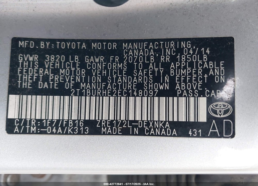 2014 TOYOTA COROLLA LE PLUS VIN: 2T1BURHE2EC148097
