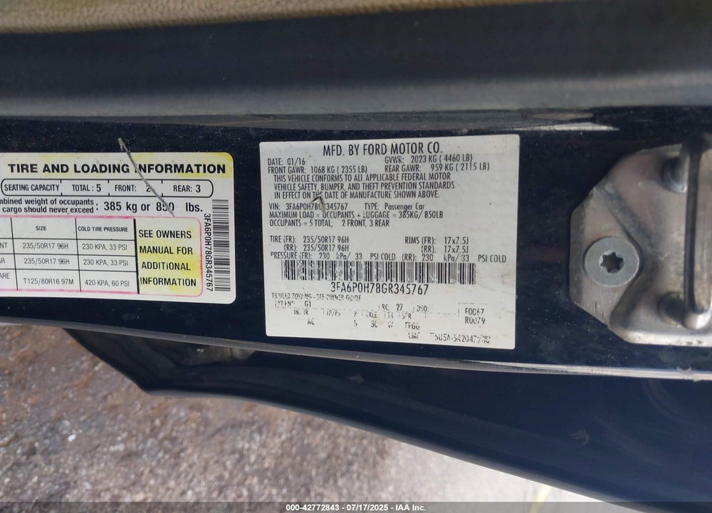 2016 FORD FUSION VIN: 3FA6P0H78GR345767
