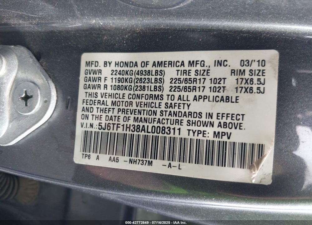 2010 HONDA ACCORD CROSSTOUR VIN: 5J6TF1H38AL008311