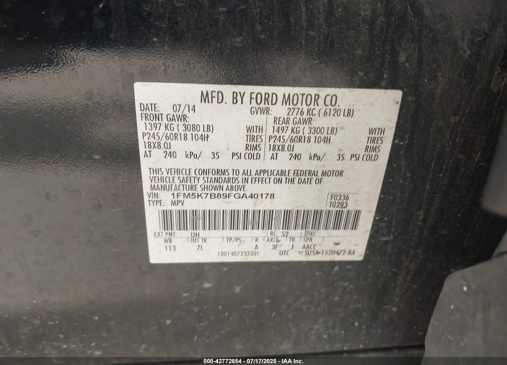 2015 FORD EXPLORER VIN: 1FM5K7B89FGA40178