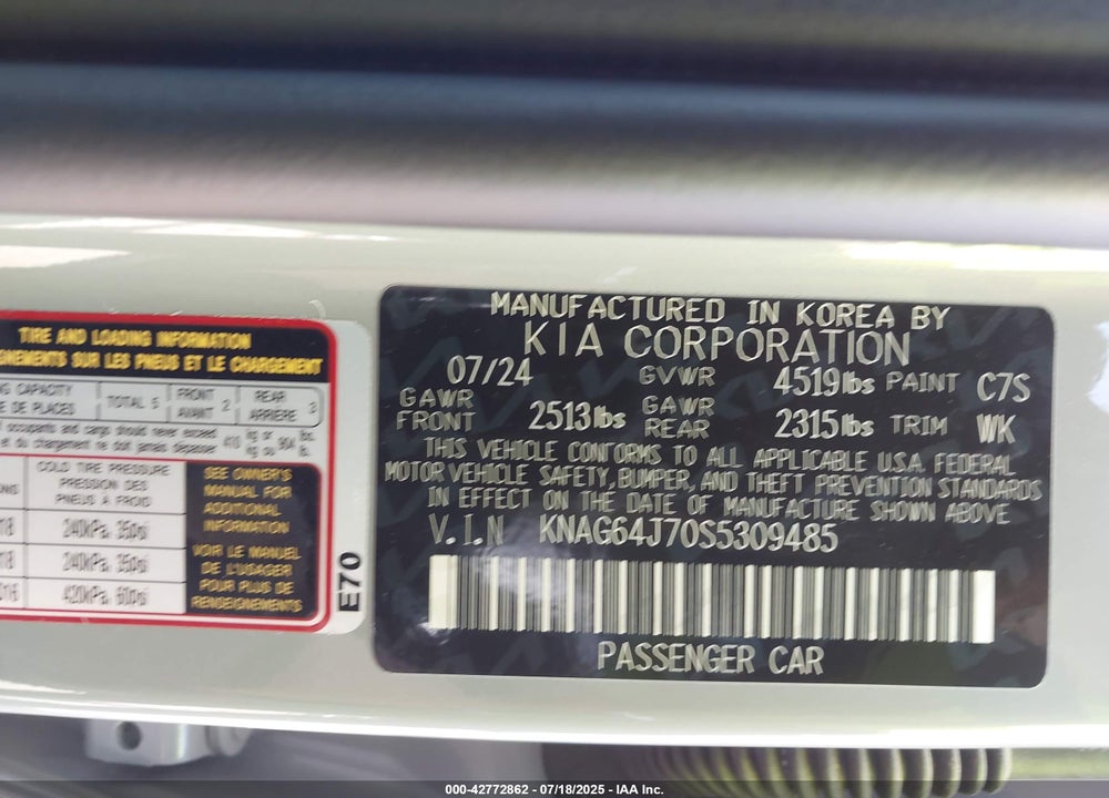 2025 KIA K5 VIN: KNAG64J70S5309485