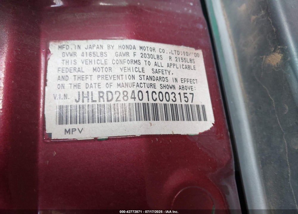 2001 HONDA CR-V VIN: JHLRD28401C003157