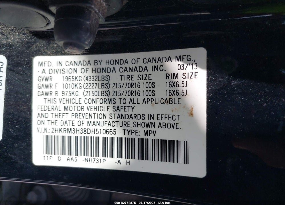 2013 HONDA CR-V VIN: 2HKRM3H38DH510665