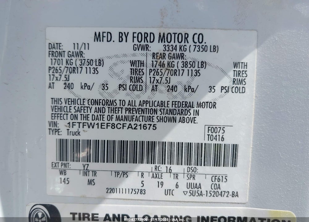 2012 FORD F-150 VIN: 1FTFW1EF8CFA21675