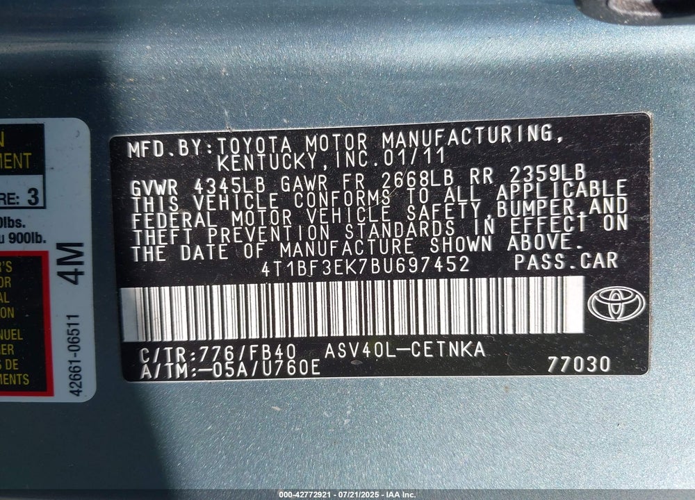 2011 TOYOTA CAMRY VIN: 4T1BF3EK7BU697452