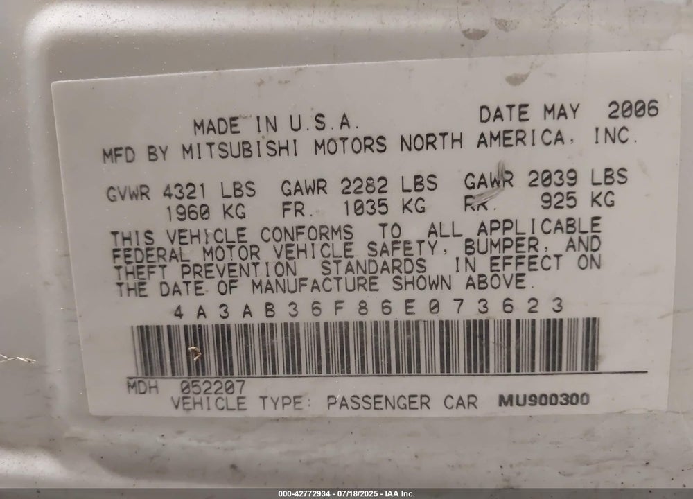2006 MITSUBISHI GALANT VIN: 4A3AB36F86E073623