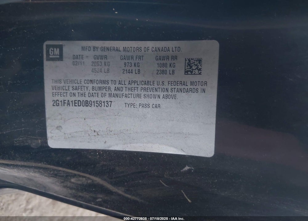 2011 CHEVROLET CAMARO VIN: 2G1FA1ED0B9158137