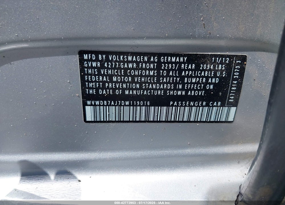2013 VOLKSWAGEN GOLF VIN: WVWDB7AJ7DW119016