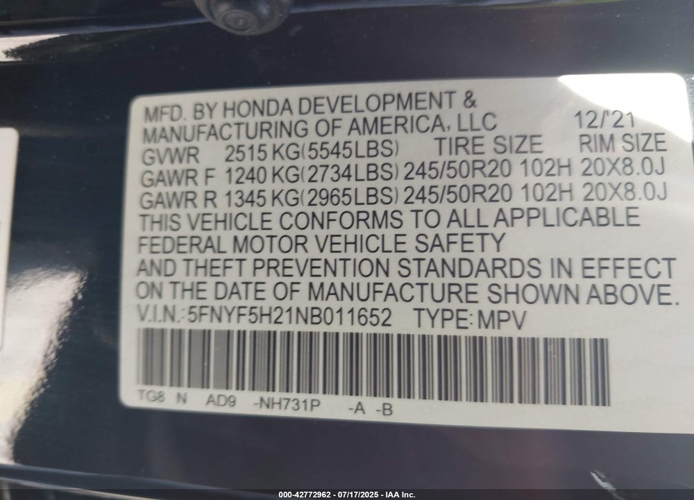 2022 HONDA PILOT 2WD SPECIAL EDITION VIN: 5FNYF5H21NB011652