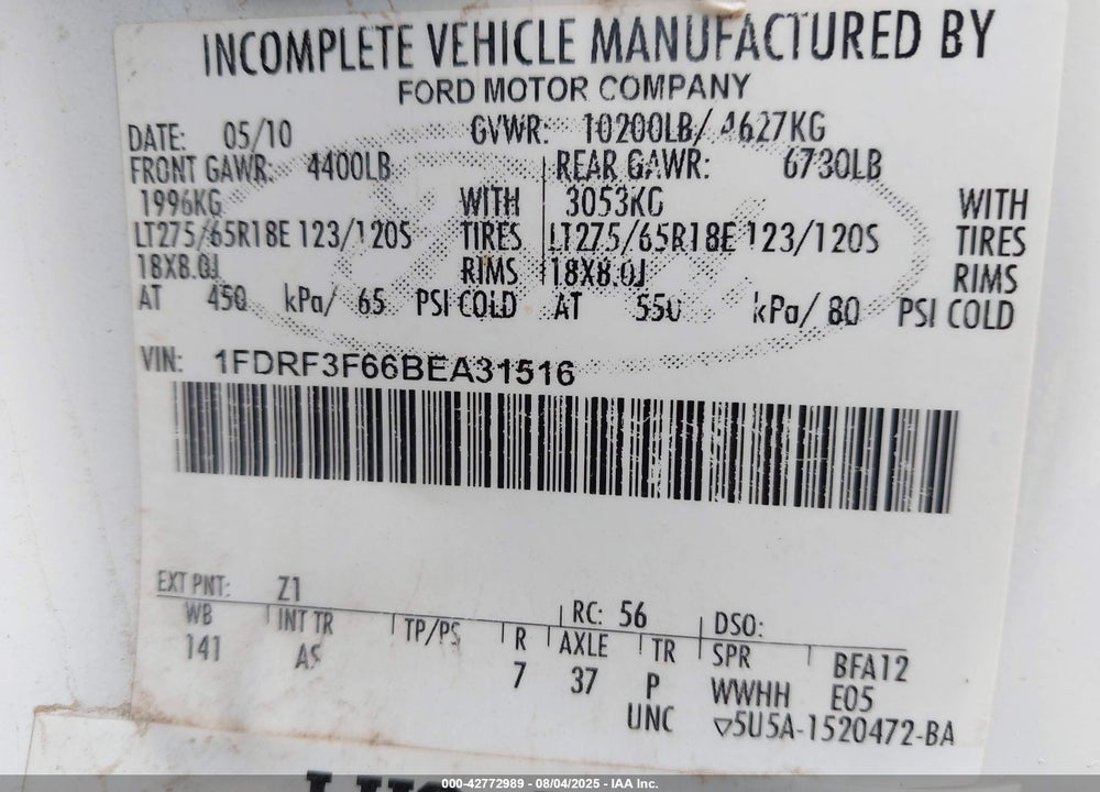 2011 FORD F-350 CHASSIS XL VIN: 1FDRF3F66BEA31516