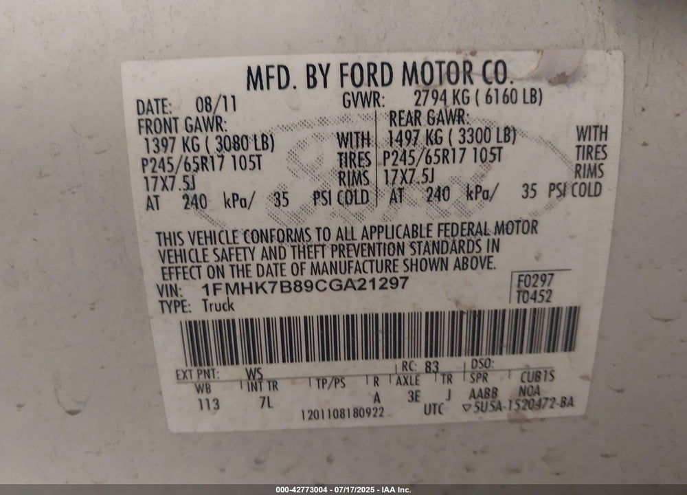 2012 FORD EXPLORER VIN: 1FMHK7B89CGA21297