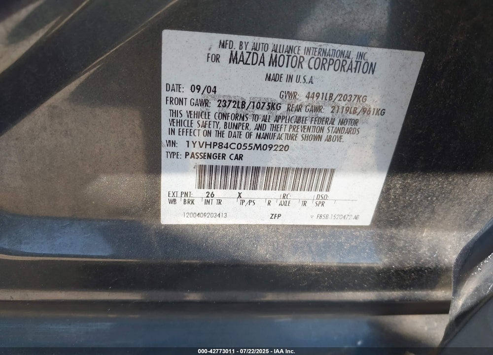 2005 SPORT MAZDA MAZDA6 I VIN: 1YVHP84C055M09220