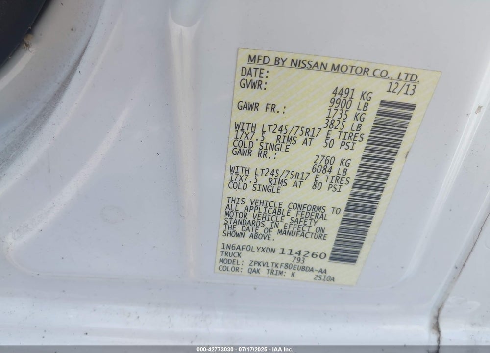 2013 NISSAN NV CARGO NV3500 HD SV V8 VIN: 1N6AF0LYXDN114260