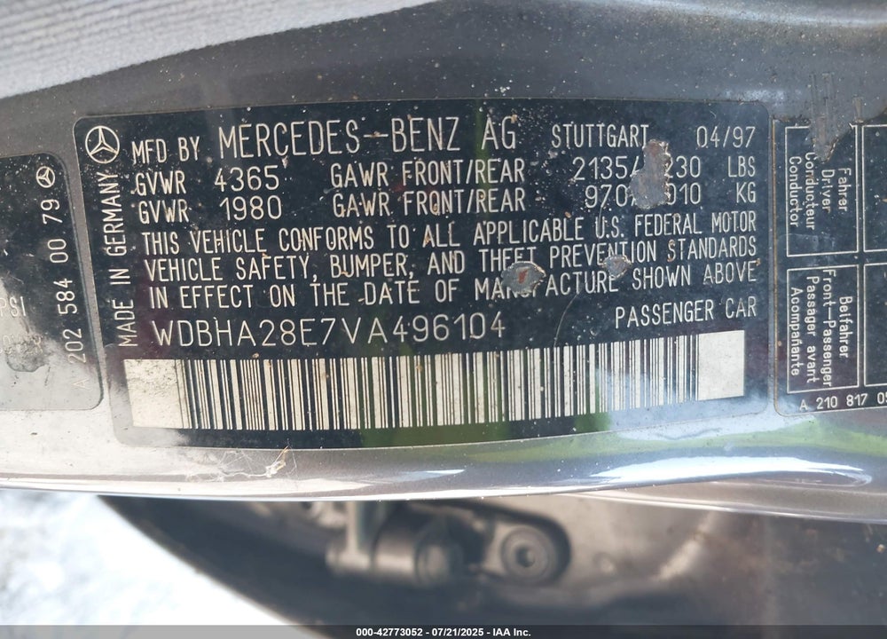 1997 MERCEDES-BENZ C 280 VIN: WDBHA28E7VA496104