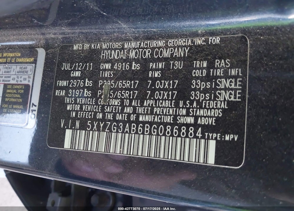 2011 HYUNDAI SANTA FE VIN: 5XYZG3AB6BG086884