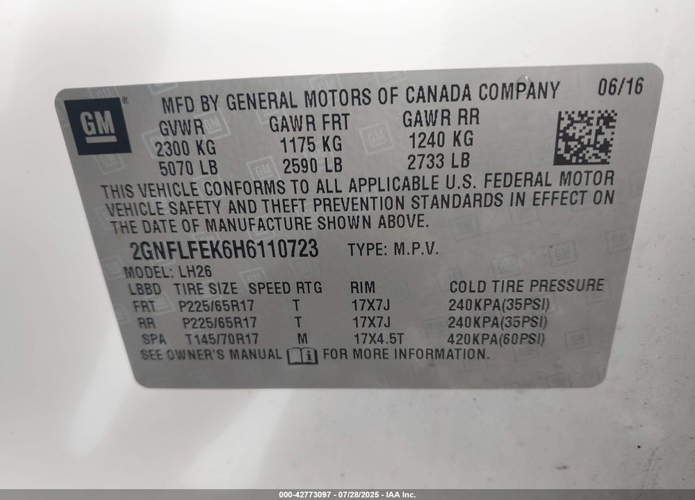 2017 CHEVROLET EQUINOX VIN: 2GNFLFEK6H6110723