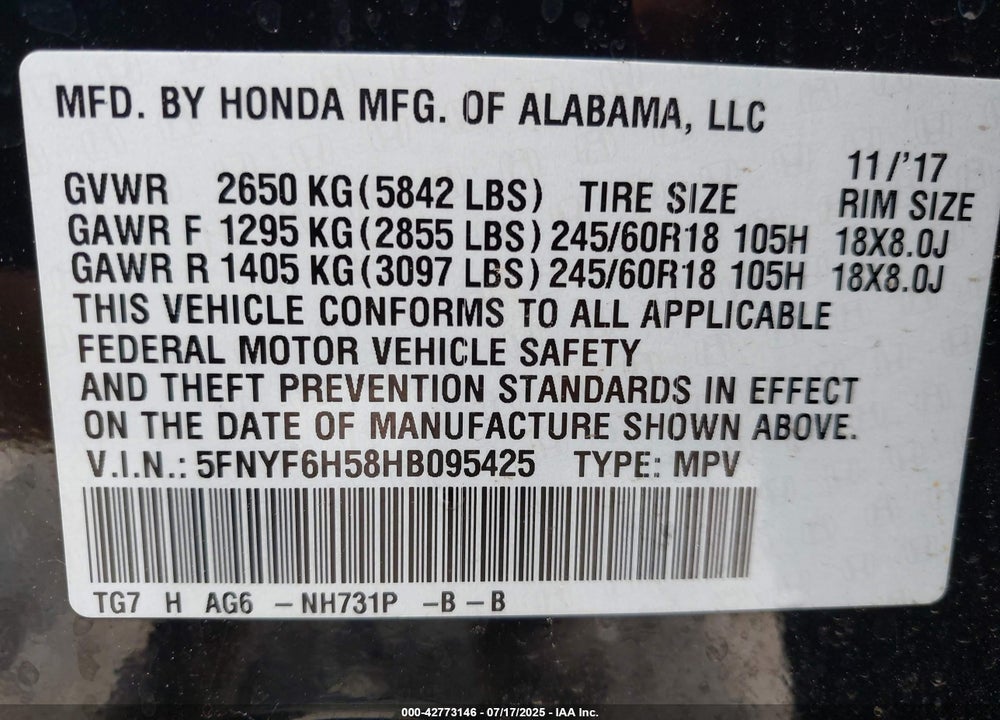 2017 HONDA PILOT EX-L VIN: 5FNYF6H58HB095425