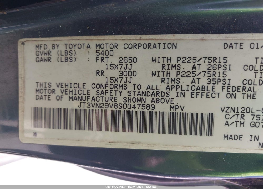 1995 TOYOTA 4RUNNER VN29 SR5 VIN: JT3VN29V8S0047589