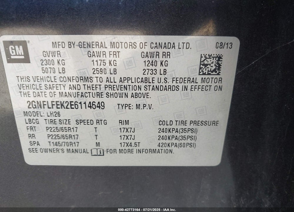 2014 CHEVROLET EQUINOX VIN: 2GNFLFEK2E6114649