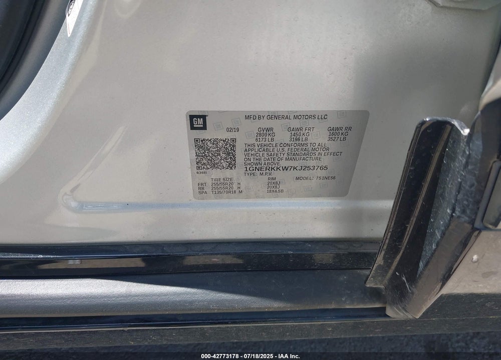 2019 CHEVROLET TRAVERSE PREMIER VIN: 1GNERKKW7KJ253765