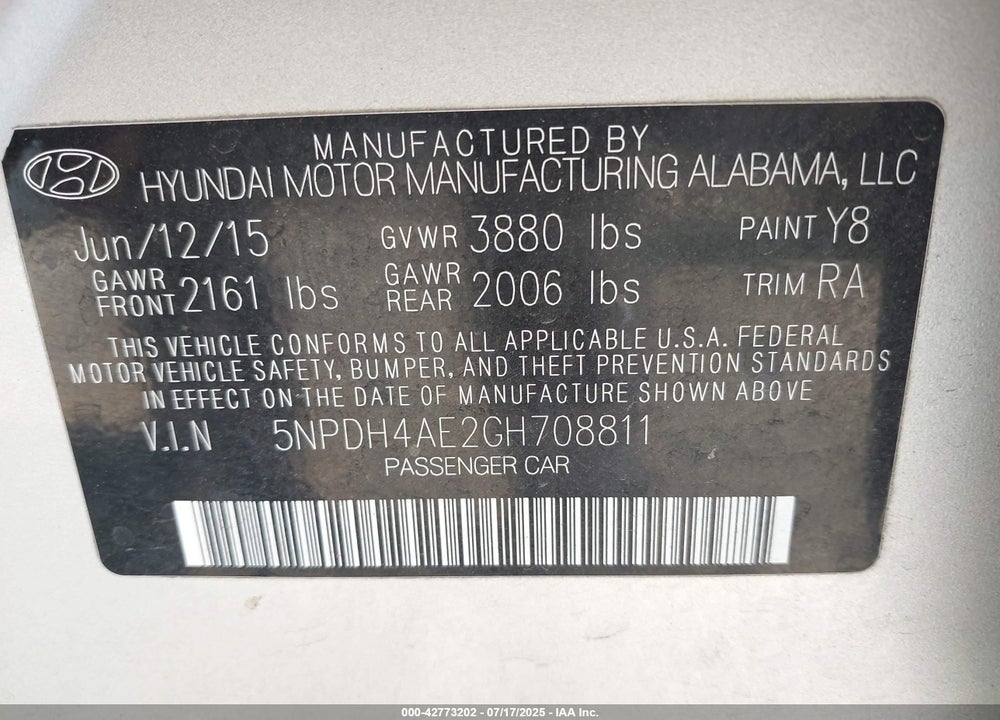 2016 HYUNDAI ELANTRA VIN: 5NPDH4AE2GH708811
