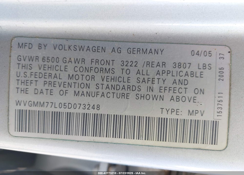 2005 VOLKSWAGEN TOUAREG VIN: WVGMM77L05D073248