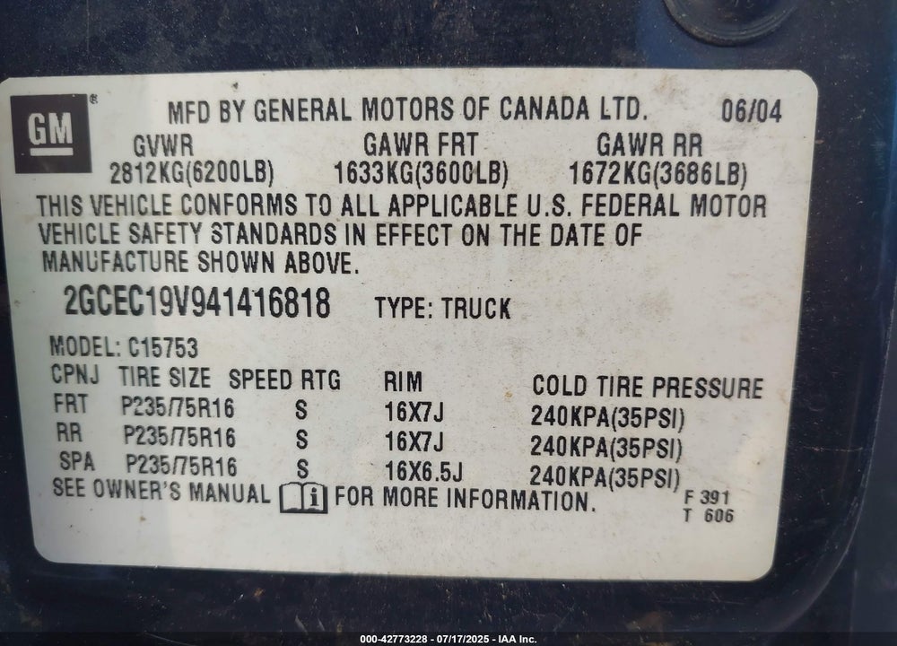 2004 CHEVROLET SILVERADO 1500 LS VIN: 2GCEC19V941416818