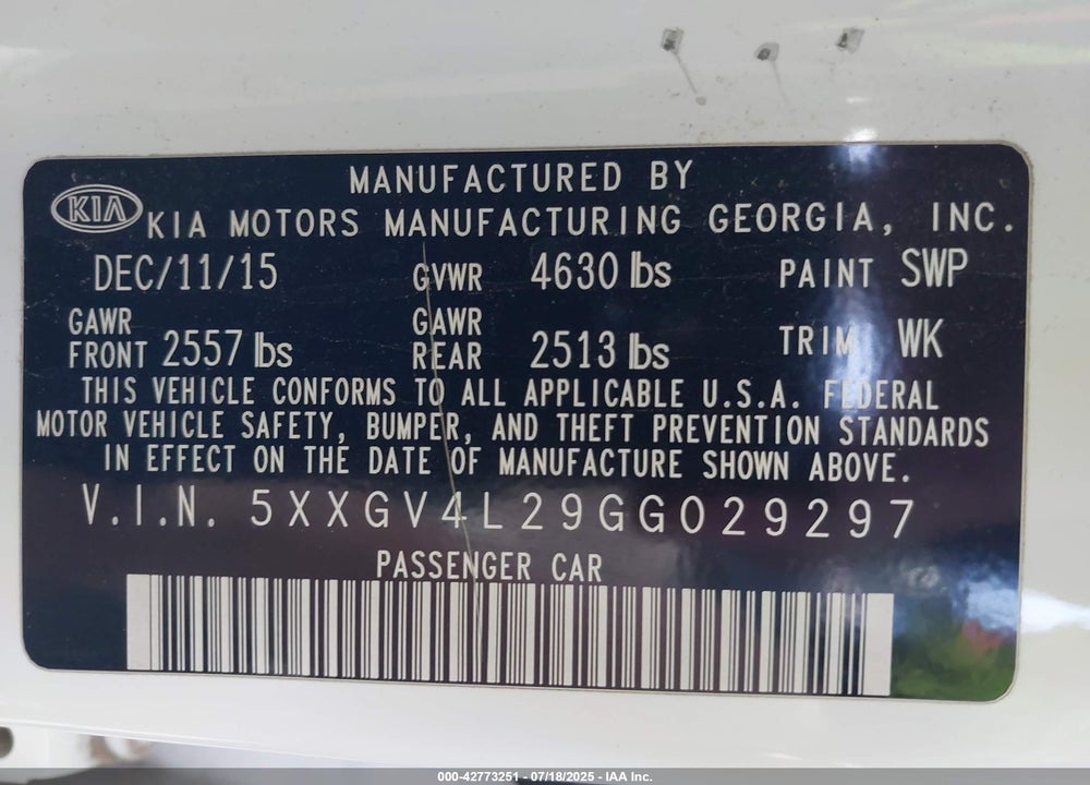 2016 KIA OPTIMA VIN: 5XXGV4L29GG029297