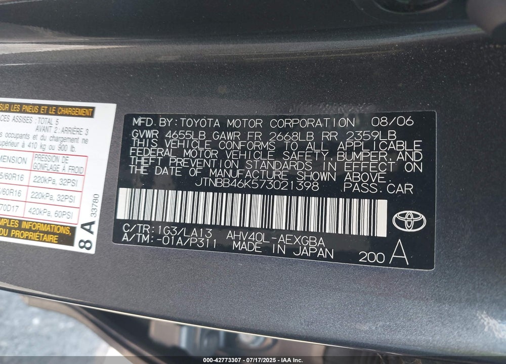 2007 TOYOTA CAMRY HYBRID VIN: JTNBB46K573021398