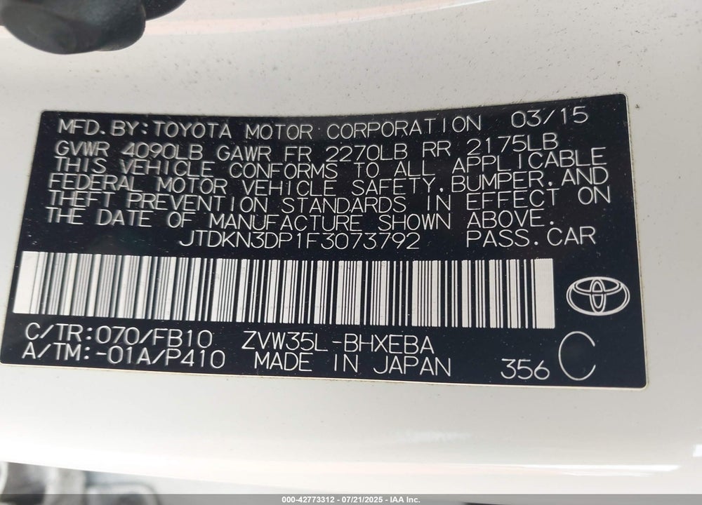 2015 TOYOTA PRIUS PLUG-IN VIN: JTDKN3DP1F3073792