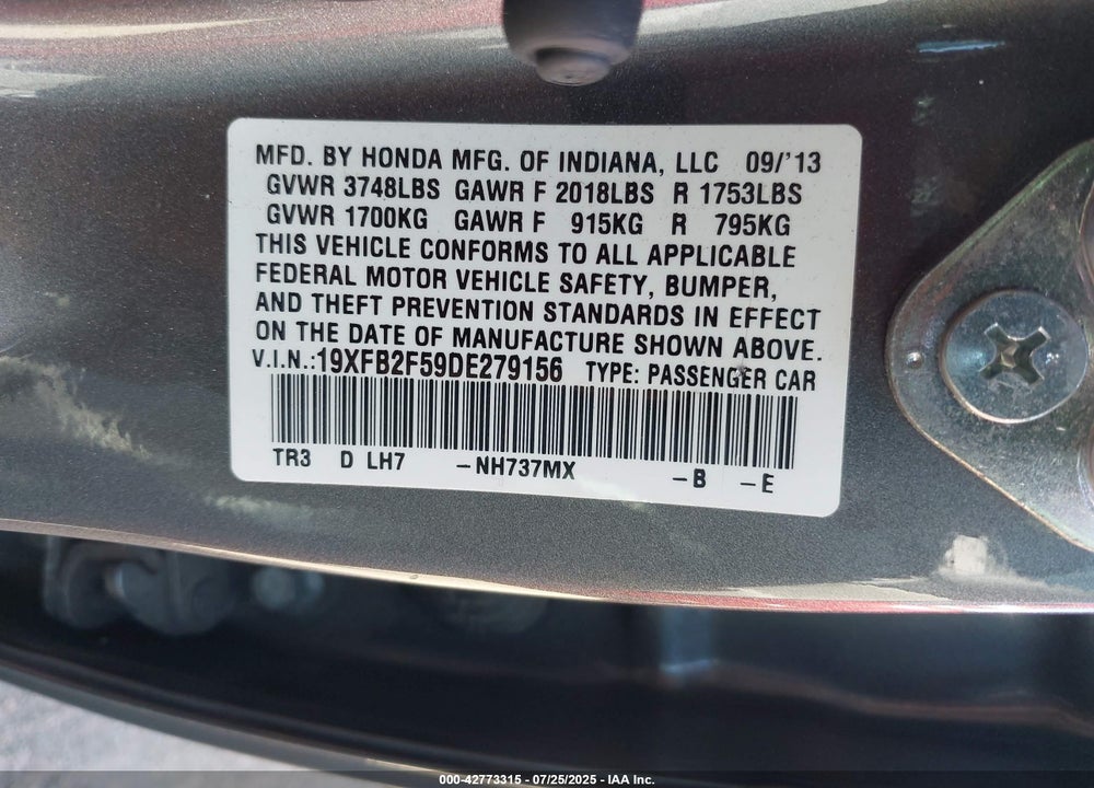 2013 HONDA CIVIC VIN: 19XFB2F59DE279156