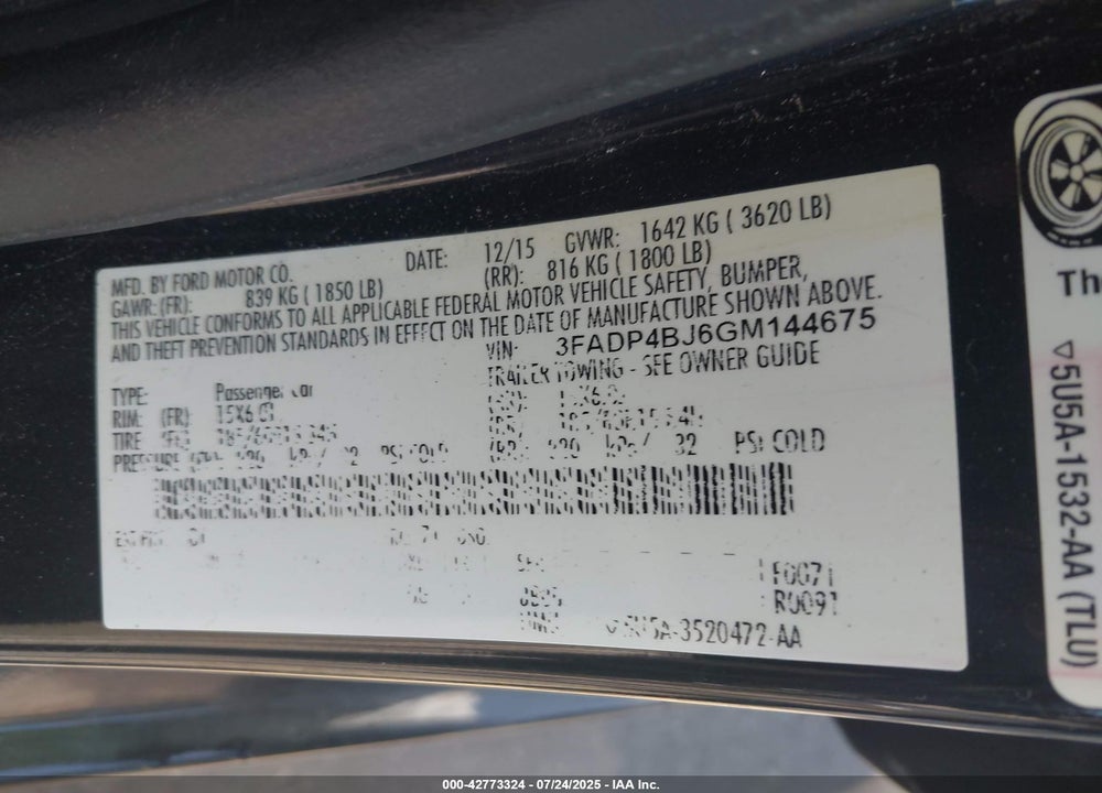 2016 FORD FIESTA VIN: 3FADP4BJ6GM144675