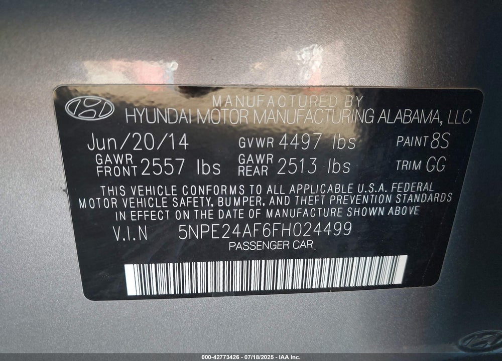 2015 HYUNDAI SONATA VIN: 5NPE24AF6FH024499