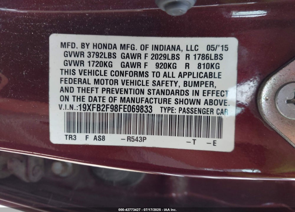2015 HONDA CIVIC VIN: 19XFB2F98FE069833