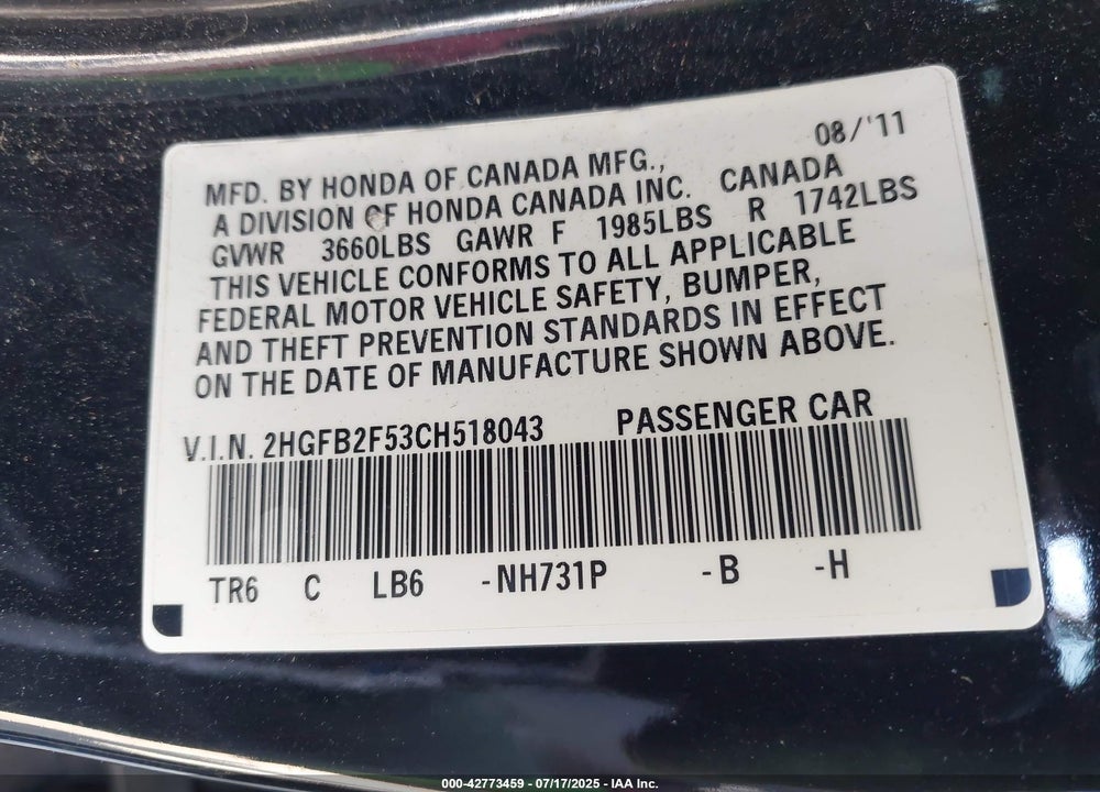 2012 HONDA CIVIC LX VIN: 2HGFB2F53CH518043