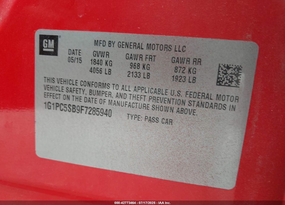 2015 CHEVROLET CRUZE VIN: 1G1PC5SB9F7285940