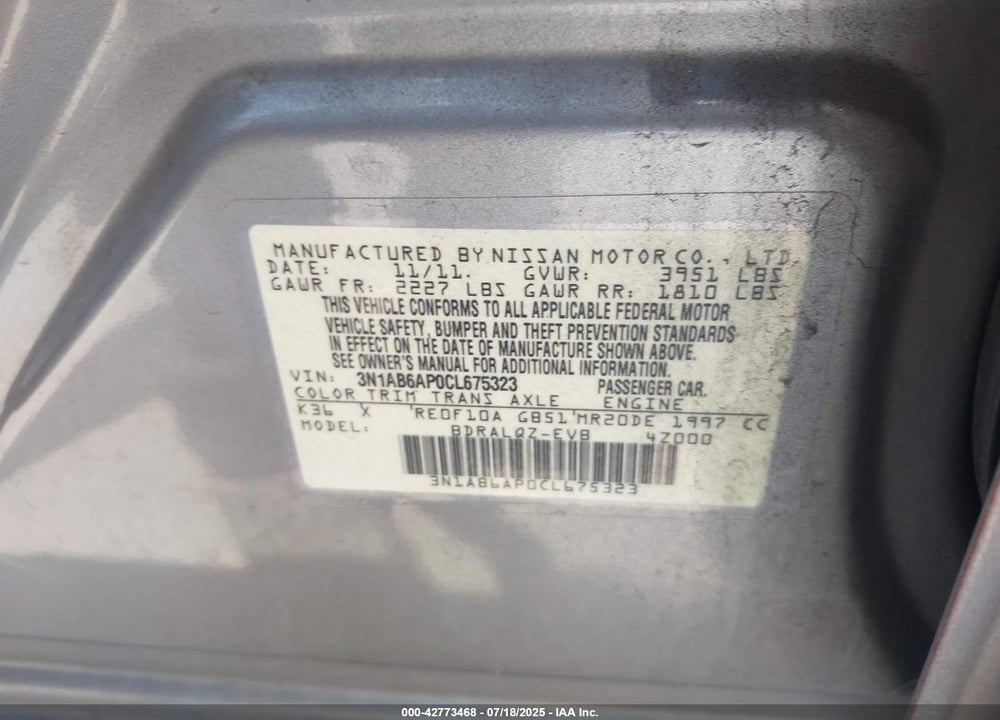 2012 NISSAN SENTRA VIN: 3N1AB6AP0CL675323