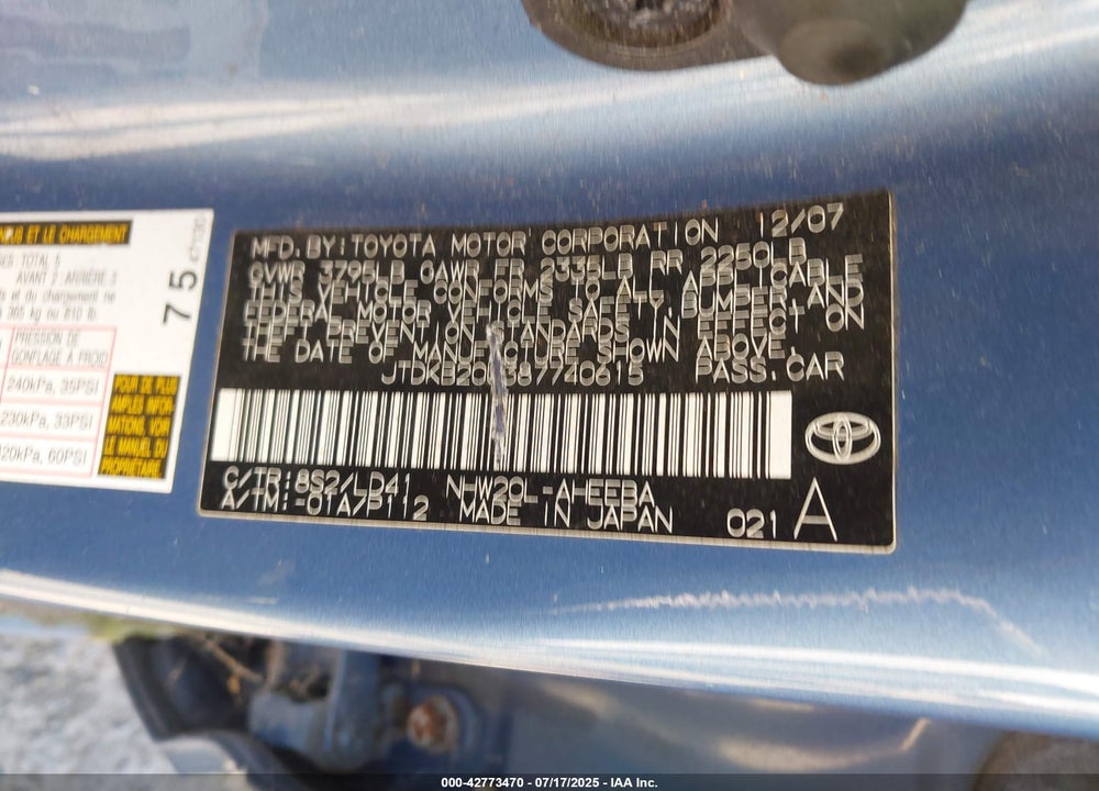 2008 TOYOTA PRIUS VIN: JTDKB20U387740615