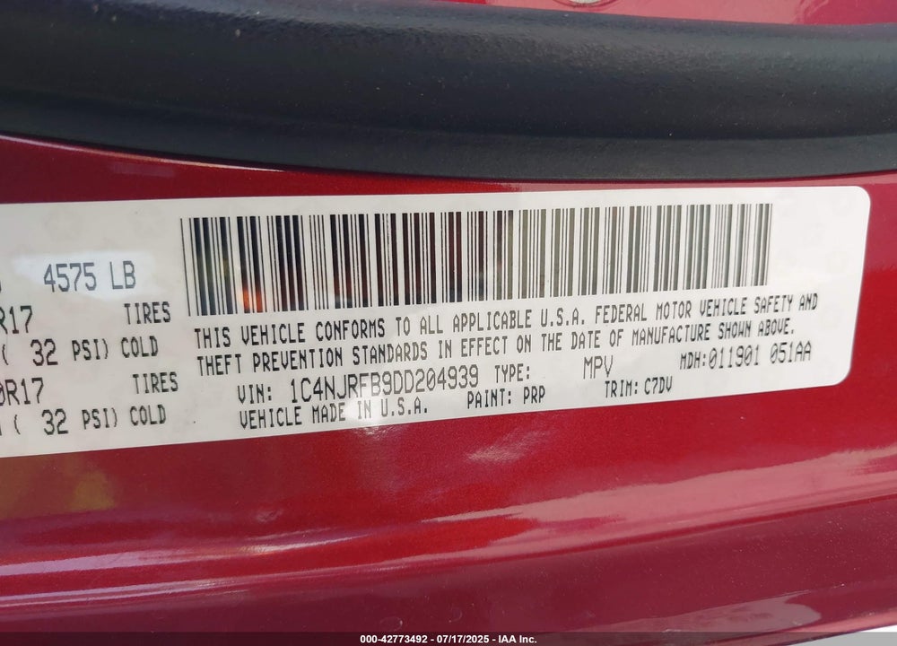 2013 JEEP PATRIOT LATITUDE VIN: 1C4NJRFB9DD204939