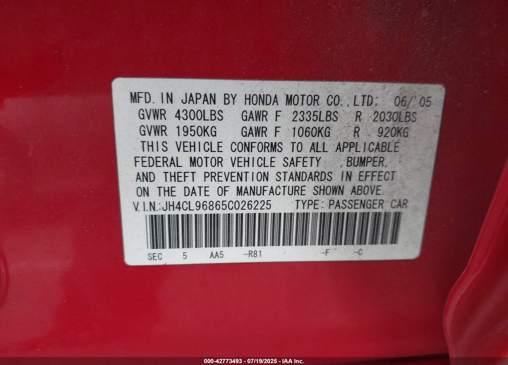 2005 ACURA TSX VIN: JH4CL96865C026225