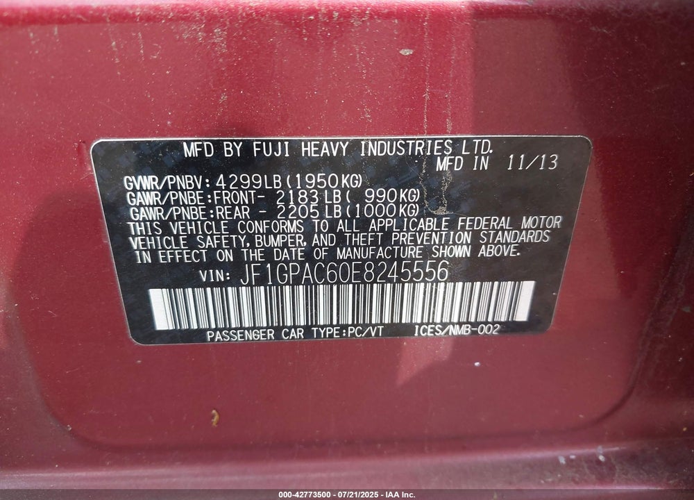 2014 SUBARU IMPREZA VIN: JF1GPAC60E8245556