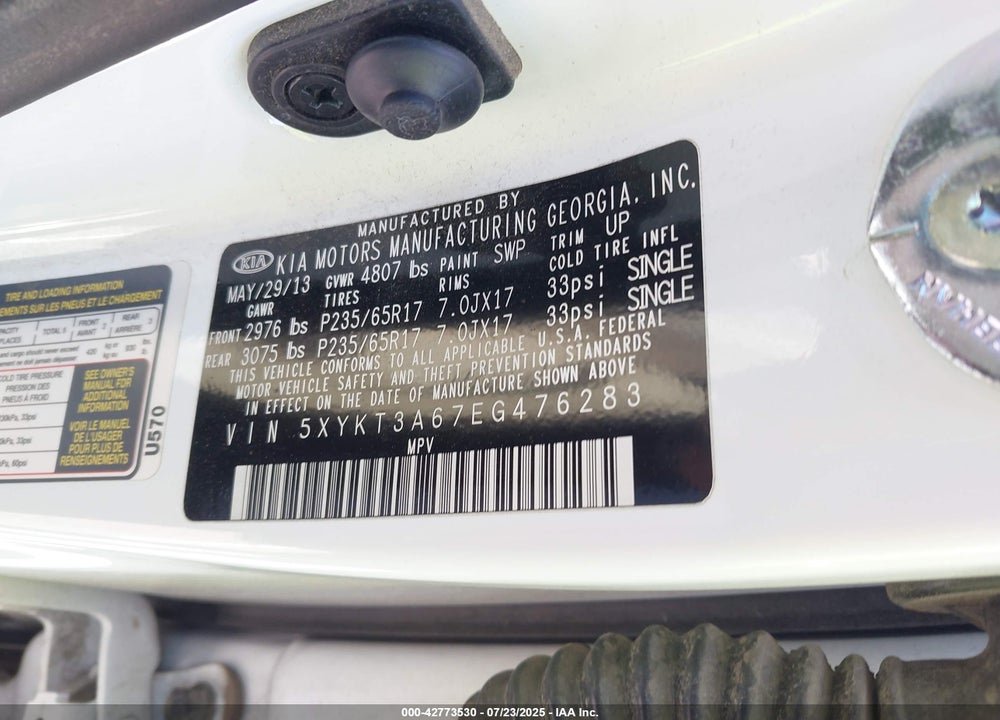 2014 KIA SORENTO VIN: 5XYKT3A67EG476283