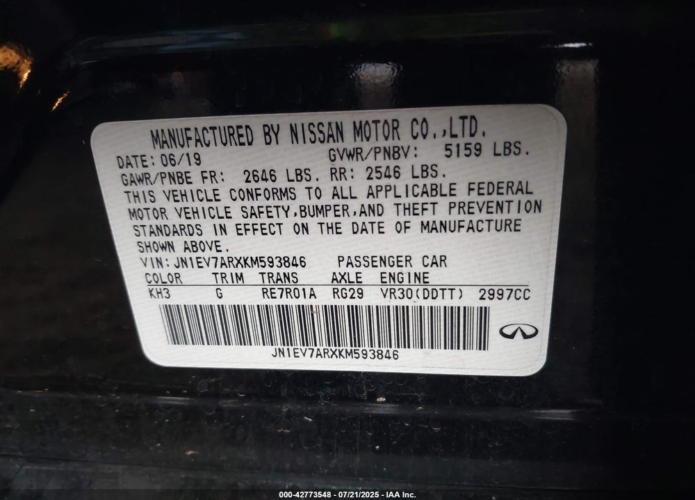 2019 INFINITI Q50 VIN: JN1EV7ARXKM593846