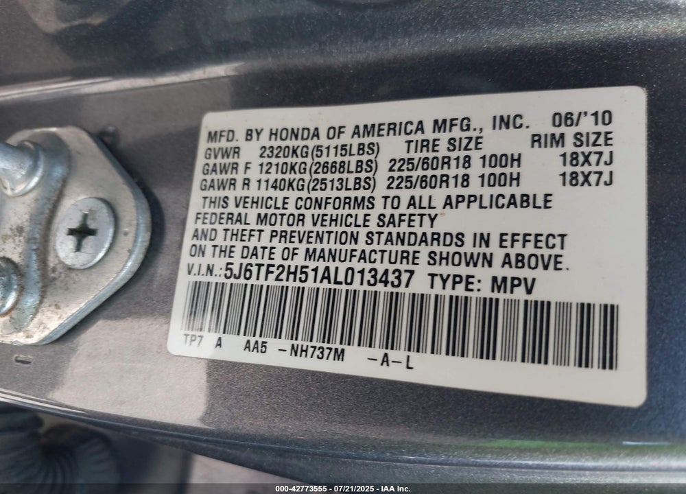 2010 HONDA ACCORD CROSSTOUR VIN: 5J6TF2H51AL013437