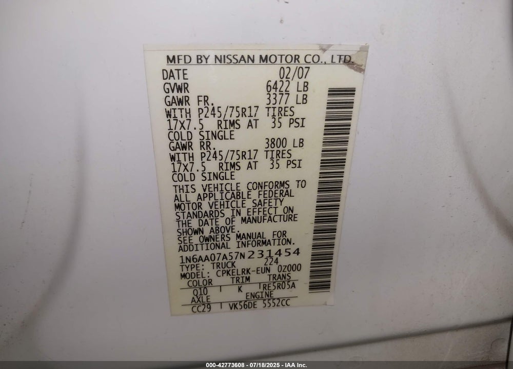 2007 NISSAN TITAN XE VIN: 1N6AA07A57N231454