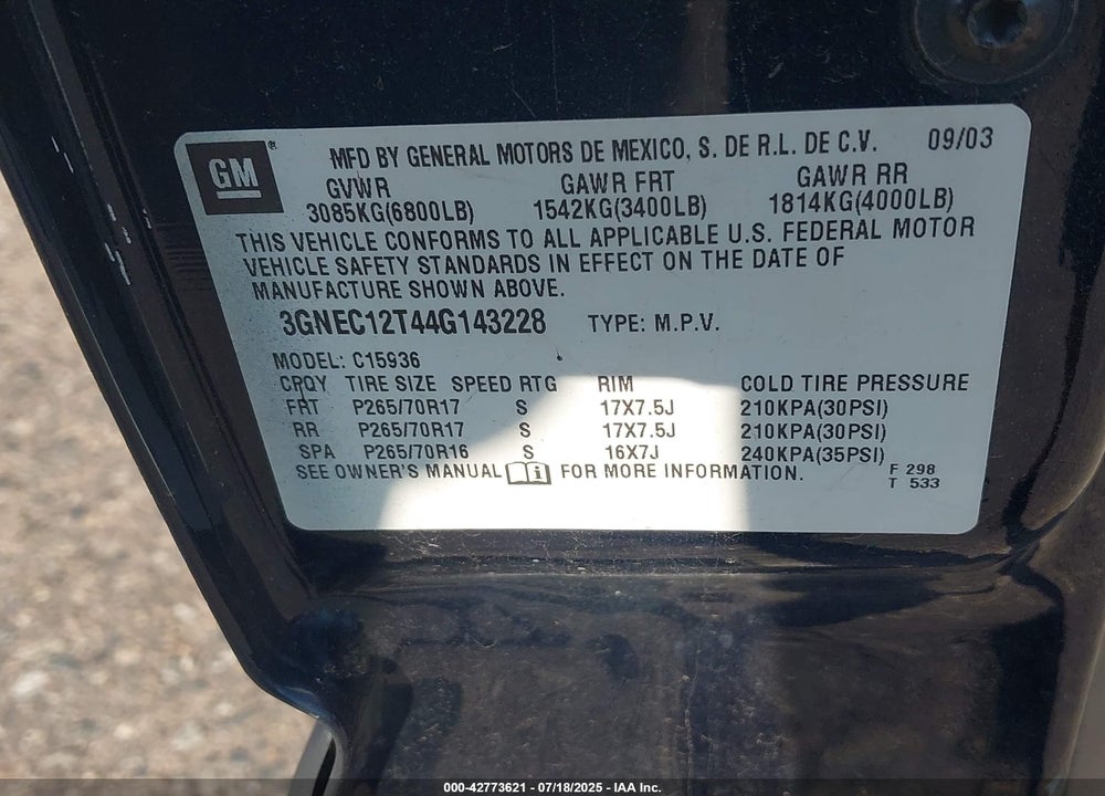 2004 CHEVROLET AVALANCHE 1500 VIN: 3GNEC12T44G143228
