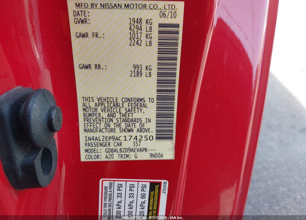 2010 NISSAN ALTIMA VIN: 1N4AL2EP9AC174250