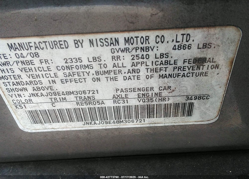 2008 INFINITI EX35 VIN: JNKAJ09E48M306721