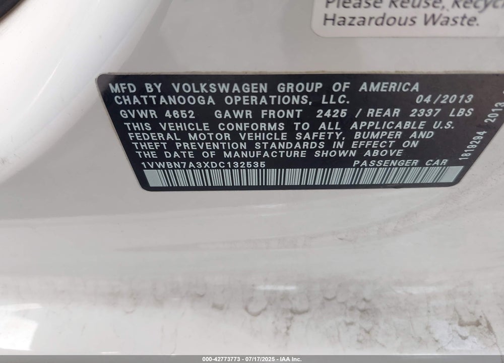 2013 VOLKSWAGEN PASSAT VIN: 1VWBN7A3XDC132535